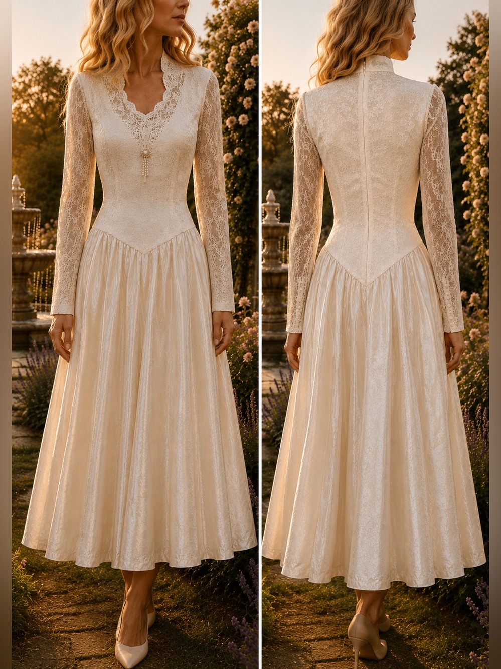 Vintage Lace Satin Pearl Beaded Victorian Gatsby 80s 90s Bridal Wedding Dress